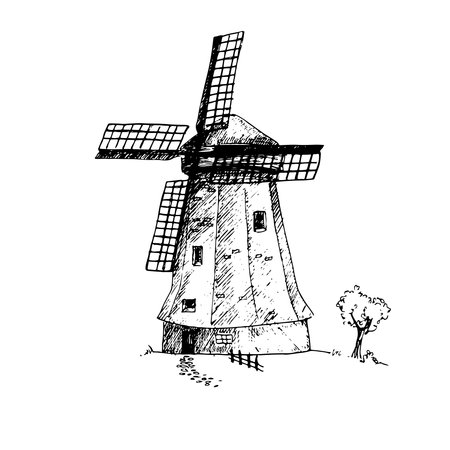 Vector graphic illustration of windmill . Black and white sketch on a white background. Suitable for logo, bakery design, wrapping paperのイラスト素材