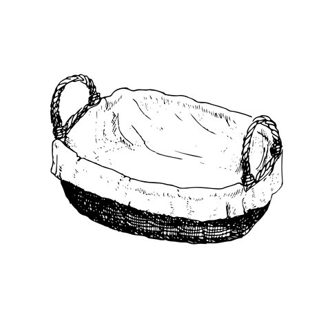 Vector graphic illustration of wicker bread basket . Black and white sketch on a white background. Suitable for logo, bakery design, wrapping paperのイラスト素材