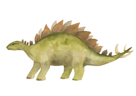 Watercolor illustration of a dinosaur stegosaurus, watercolor texture, handmade, isolated. For childrens room decor, poster, invitationの写真素材