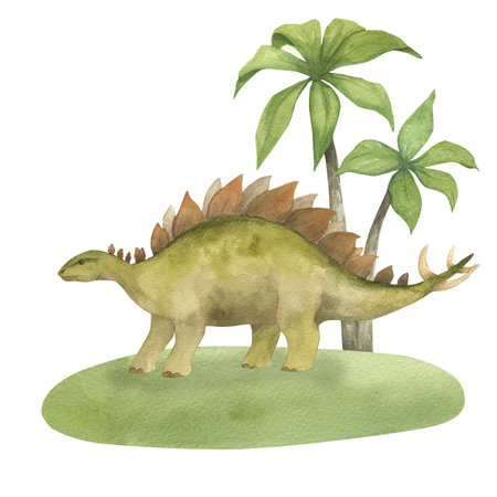 Watercolor illustration of a dinosaur stegosaurus on green grass with palm trees, watercolor texture, handmade, isolated. For childrens room decor, poster, invitationの写真素材