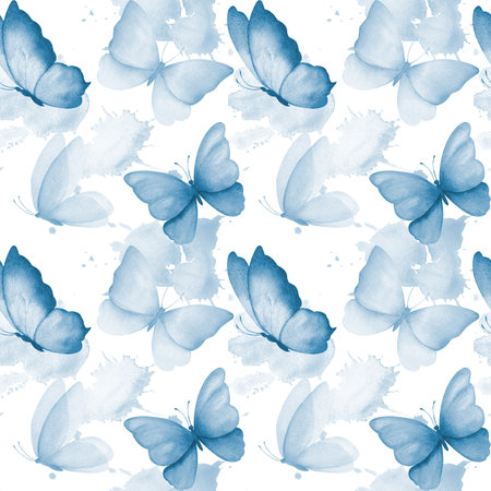 Watercolor seamless pattern with illustration of delicate blue butterflies with watercolor abstract splashes stains. Handmade, isolatedの写真素材