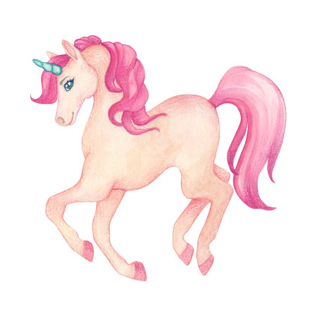 Watercolor illustration of a cute jumping unicorn in pink and turquoise colors. Fairy-tale cartoon character for decorating childrens room wallpaper and childrens thingsの写真素材