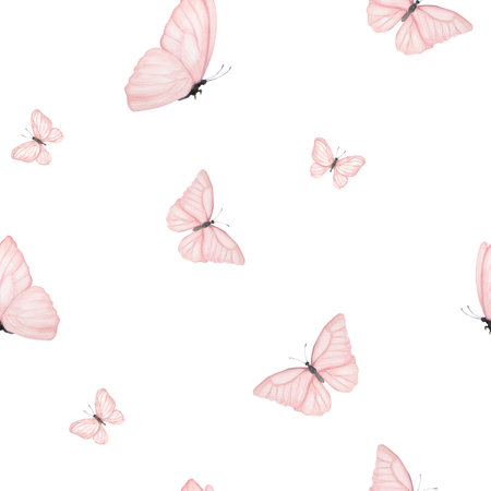 Watercolor seamless pattern with illustration of delicate pink butterflies. Handmade, isolatedの写真素材