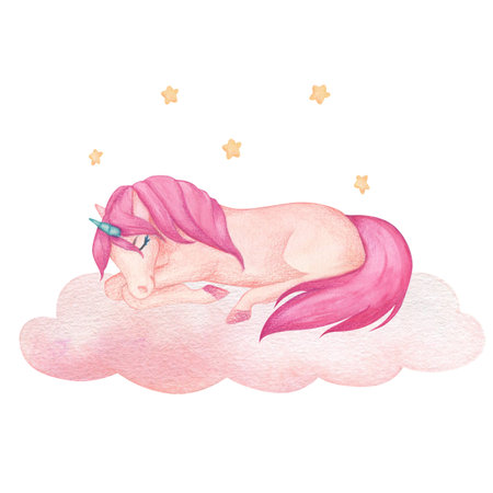 Watercolor illustration of a cute unicorn in pink and turquoise colors. Fairy-tale cartoon character for decorating children's room wallpaper and children's things.の写真素材