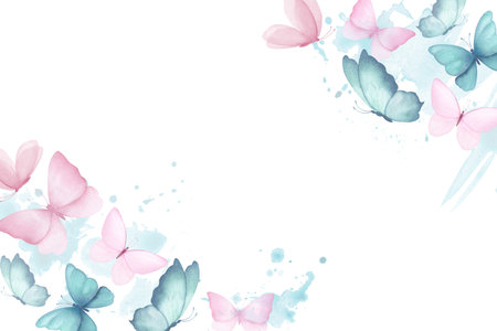 Watercolor rectangular frame or banner with illustration of delicate blue and pink butterflies with watercolor abstract splashes stains in corners. Handmade, isolated.の写真素材