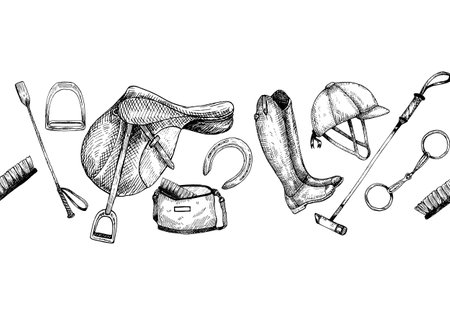 Graphic vector banner or template with illustration of horse saddle, horseshoe, helmet, snaffle, boot, whip . Boot, helmet. Hand painting. Horse equipment, for horse sport, ridingのイラスト素材