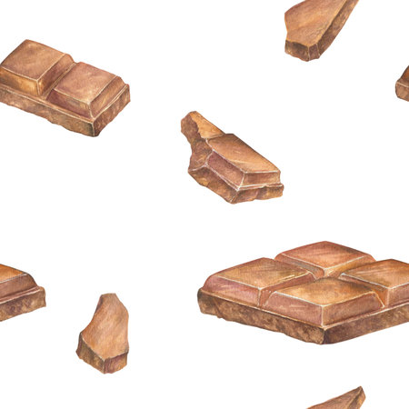 Seamless pattern with chocolate watercolor illustration, hand drawn. Drawing of chocolate bar. Engraving for food packaging designの写真素材