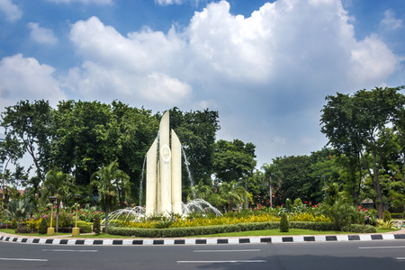 Heroic monument statue garden symbolized by traditional bamboo weapon as the landmark of Surabaya City in the middle of the roadのeditorial素材