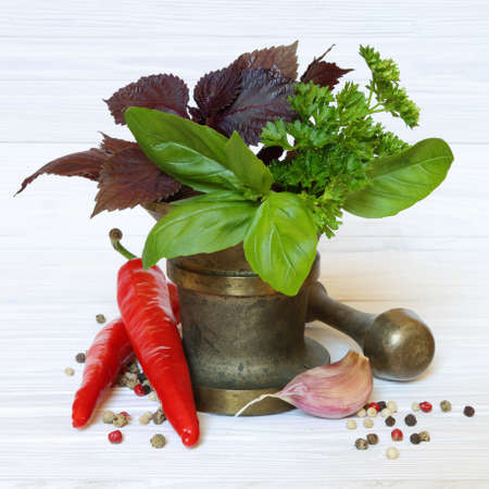 Spices and herbs in  mortar  on a light wooden backgroundの写真素材