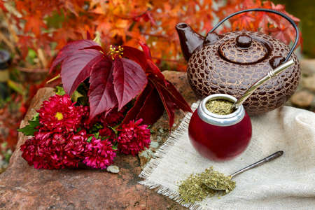 Mate tea in a calabash on a stone table in the gardenの写真素材