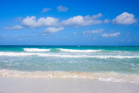 White sandy beach and blue sea, Cuba, Varadero, concept of tourism and recreation