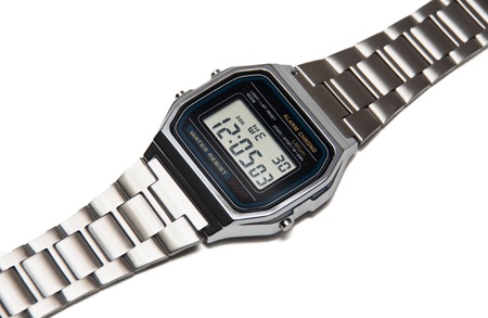 Digital wristwatch in stainless white backgroundの写真素材