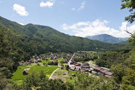 Panoramic view of the village of Shirakawago in the Japanese Alpsの写真素材