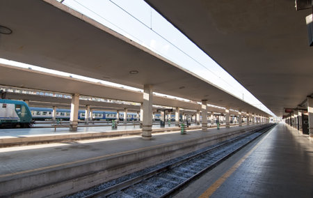 Panoramic of the railroad tracks at the train station