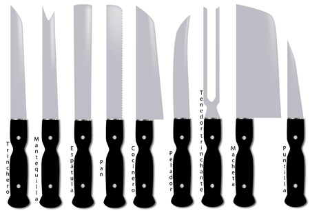 Types of kitchen knives with Spanish names のイラスト素材