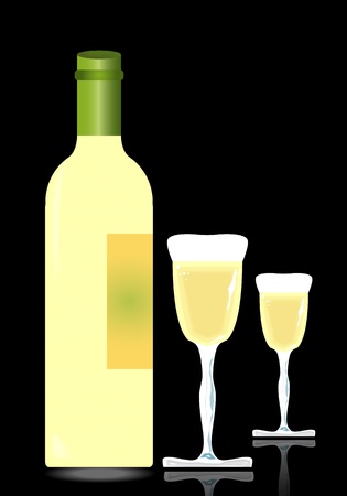 Bottle of white wine with two glasses filled with black backgroundのイラスト素材