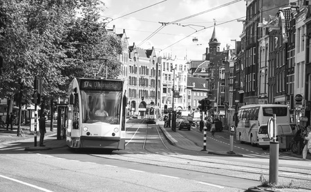 AMSTERDAM, NETHERLANDS, SEPTEMBER 15: tram on September 15, 2010 in Amsterdam, Nederland. Amsterdam is a city that really depends on the trams to transport virtually the entire population. The company responsible for operating the transportation system inのeditorial素材