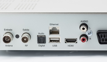 Rear of TV decoders with different inputs の写真素材