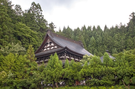 View of a Japanese temple surrounded by lots of vegetation のeditorial素材
