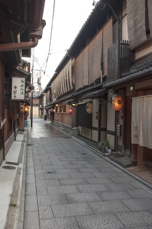 KYOTO, JAPAN-JULY 16: One of the famous streets of the Gion district July 16, 2011 in Kyoto, Japan.  Part of the Gion district has been declared a cultural heritage of Japan.のeditorial素材