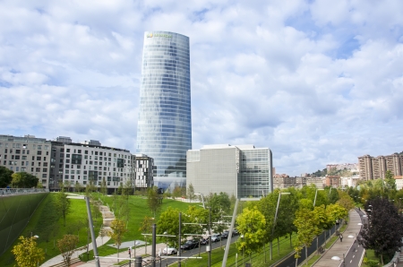 BILBAO, SPAIN - OCTOBER 13: Iberdrola Tower on October 13, 2012 in Bilbao, Spain. It was inaugurated on February 21 by King Juan Carlos. Designed by architect Cesar Pelli of 41 floors and 165 meters high.のeditorial素材