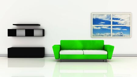 Green sofa and black furniture with a window where you can see the skyの写真素材