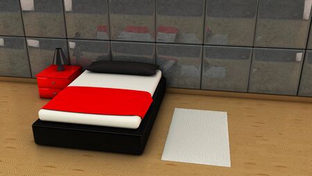 Room in red and black with wooden floors in 3dの写真素材