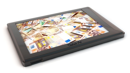 3d Tablet pc with image of euro notes on white backgroundの写真素材