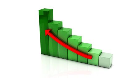 3d colored graph with an upward arrow on white backgroundの写真素材