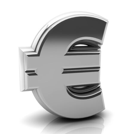 Render silver euro symbol in 3d on white backgroundの写真素材