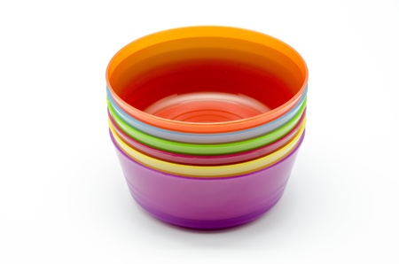 Colorful plastic cups on white backgroundの写真素材