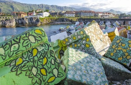 Painted cubes on port of Llanes, Asturias, Spain.の写真素材