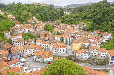 Panoramic view of Cudillero, Spain, on a gray dayの写真素材