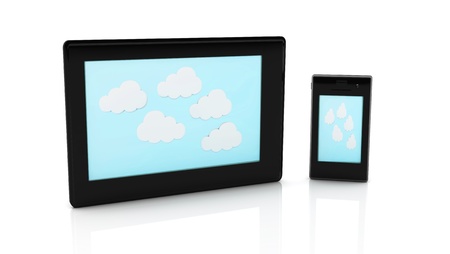 3d Tablet and mobile with white clouds on blue backgroundの写真素材