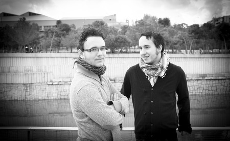 Loving gay couple in outsite. Photographs in black & whiteの写真素材