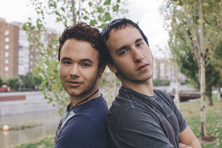 Loving gay couple in outsiteの写真素材