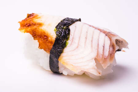 eel sushi close up on white backgroundの写真素材