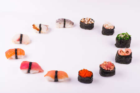 set of sushi  from different seafood isolated on white backgroundの写真素材