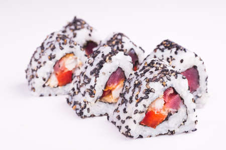 triangle tuna roll  isolated on white backgroundの写真素材