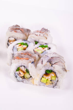 raw prawn sushi roll with eel isolated on white backgroundの写真素材