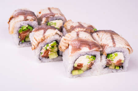 eel sushi roll isolated on white backgroundの写真素材