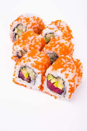 tuna sushi roll isolated on white backgroundの写真素材