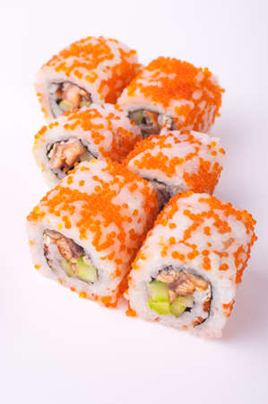 fresh eel sushi rollisolated on white backgroundの写真素材