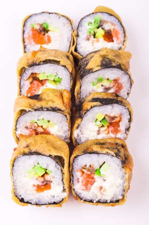 fried salmon sushi roll isolated on white backgroundの写真素材