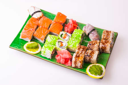 sushi set served on plated isolated on white backgroundの写真素材