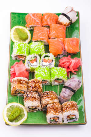 sushi set served on plated isolated on white backgroundの写真素材