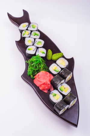 vegetarian sushi set served on plateisolated on white backgroundの写真素材