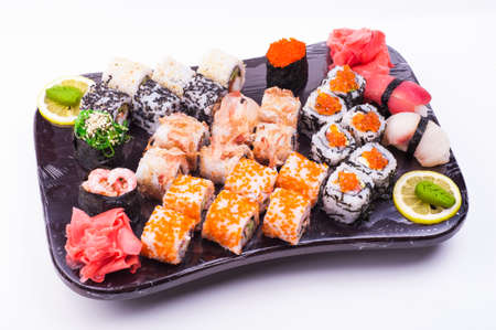 sushi set served on plated isolated on white backgroundの写真素材