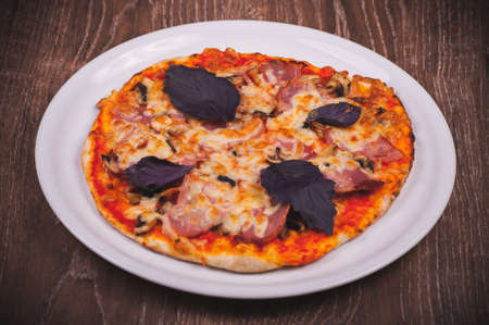 hand made italian pizza on white plateの写真素材