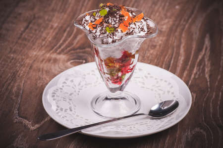 jelly dessert with whipped cream and chocolateの写真素材